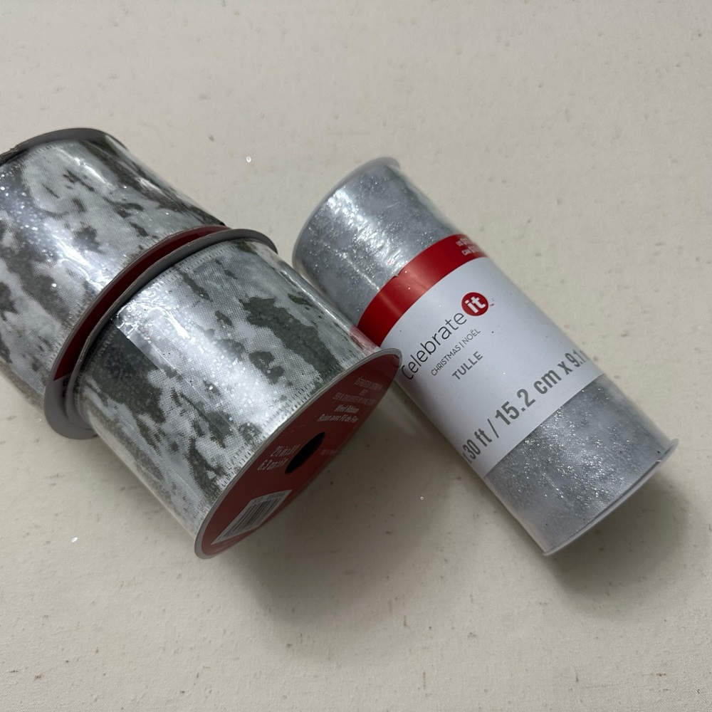 Celebrate It Silver Glitter Tulle Ribbon and 2 Ribbons